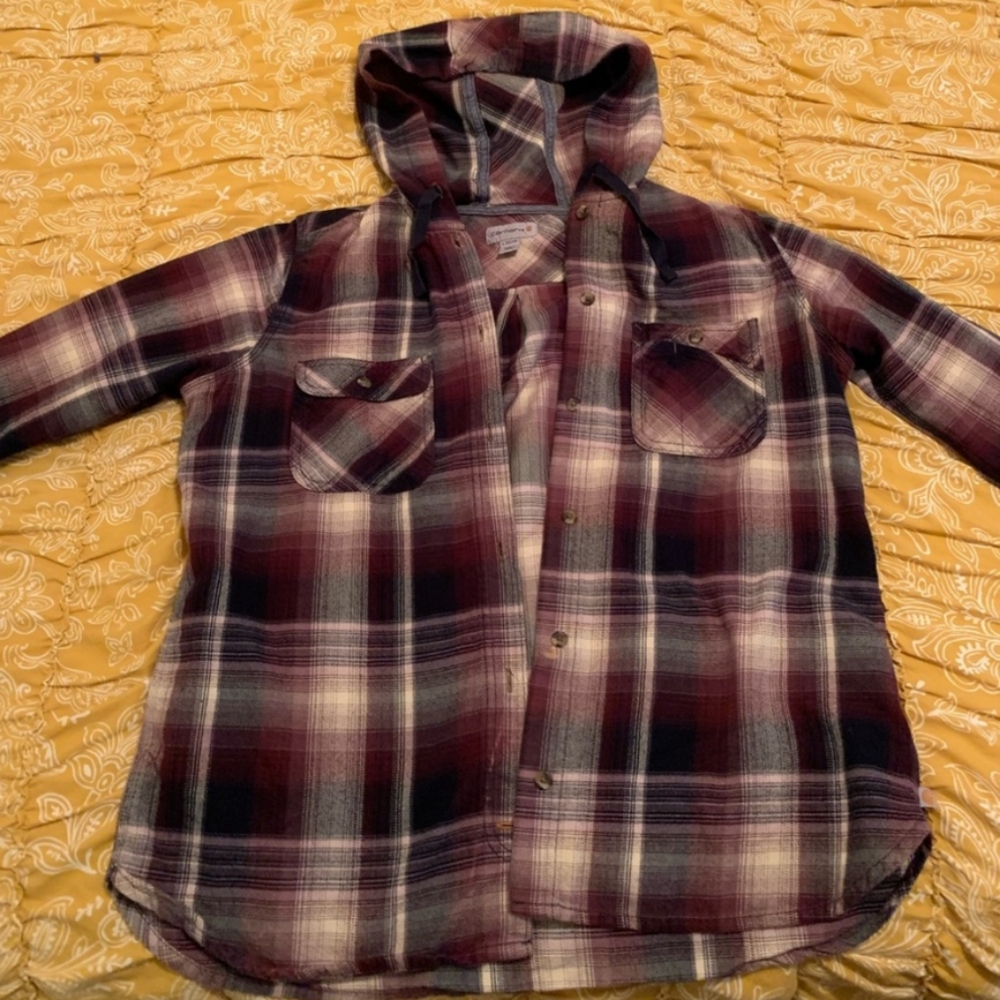 Carhartt Purple and White Button Down Flannel With Hood